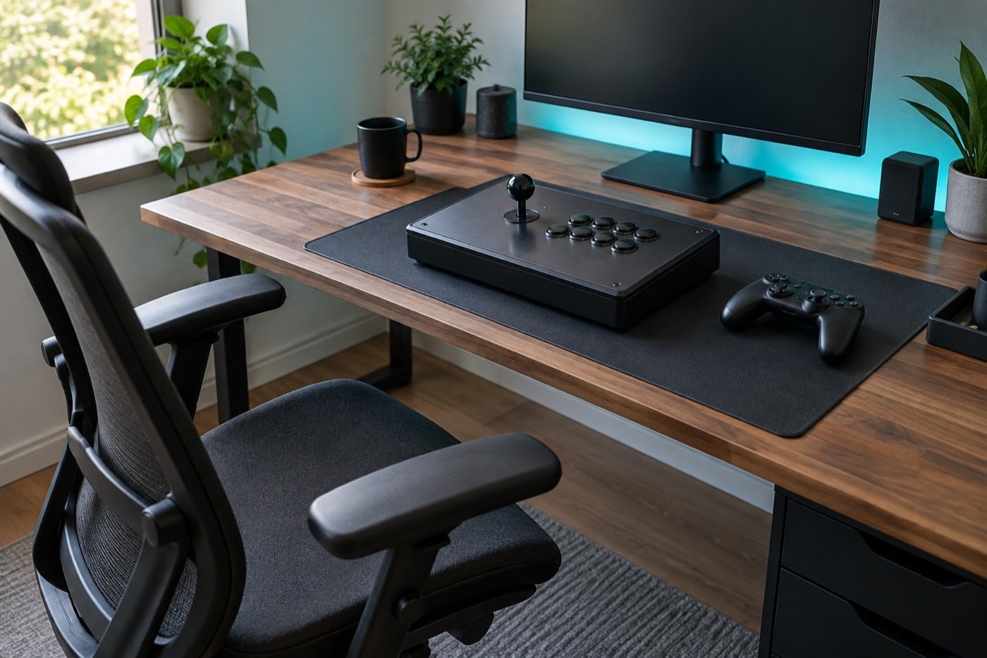 Unbranded arcade stick and gamepad arranged within easy reach of an adjustable chair