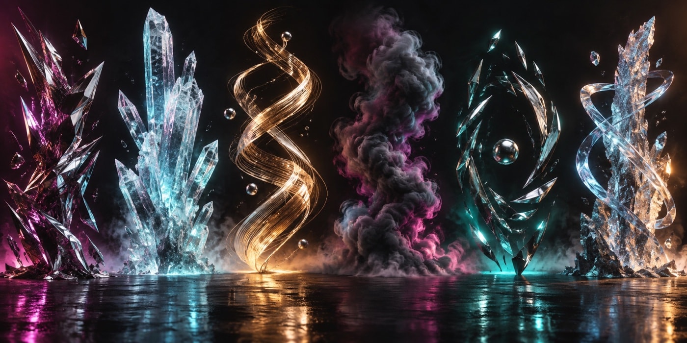 Tall translucent prisms and suspended reflective forms in a dark studio