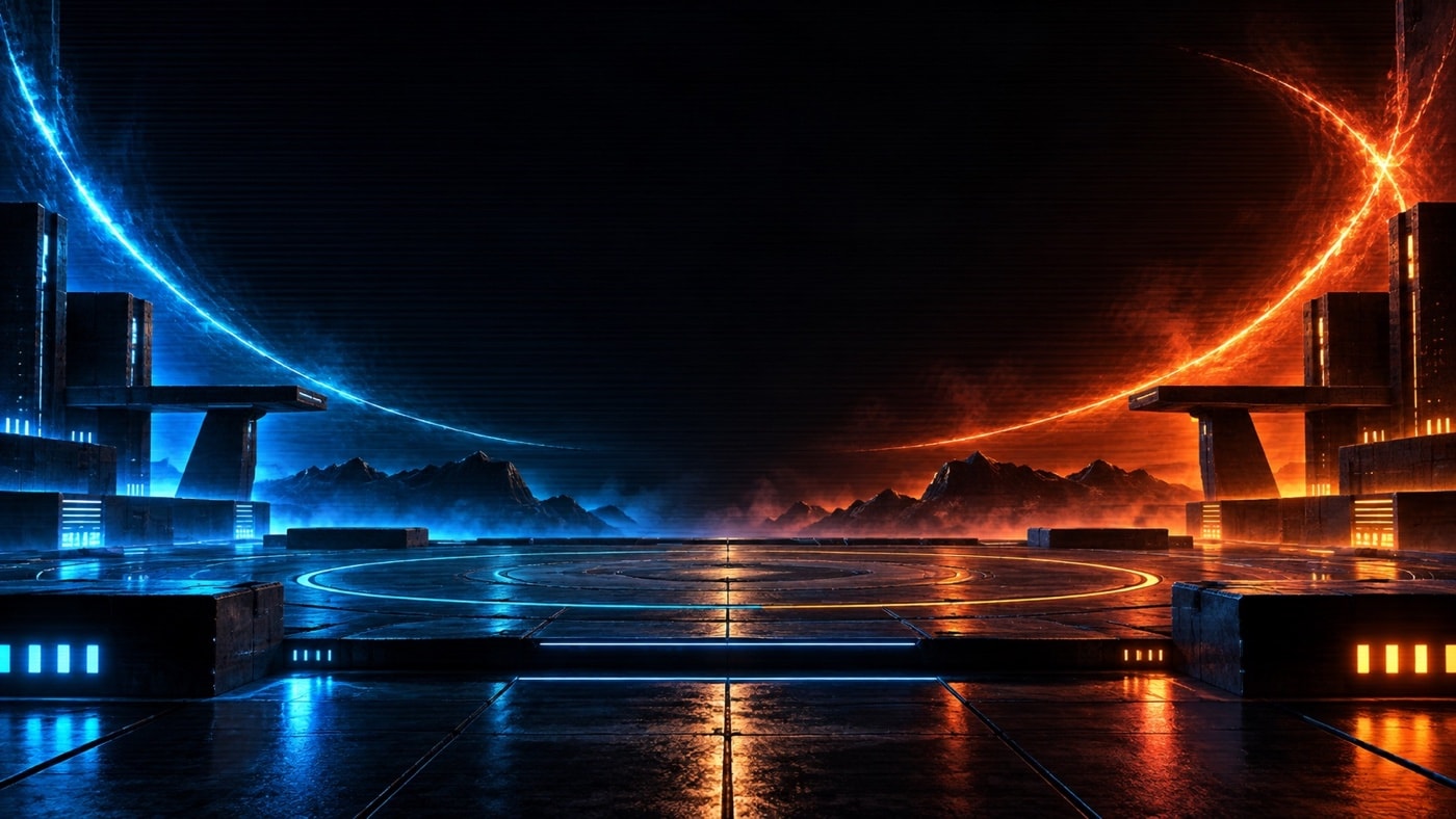 Abstract opposing energy arcs above a dark arena floor