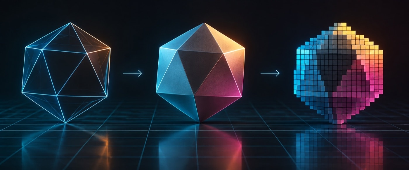 Wireframe form becoming a shaded object and then a pixel-grid mosaic