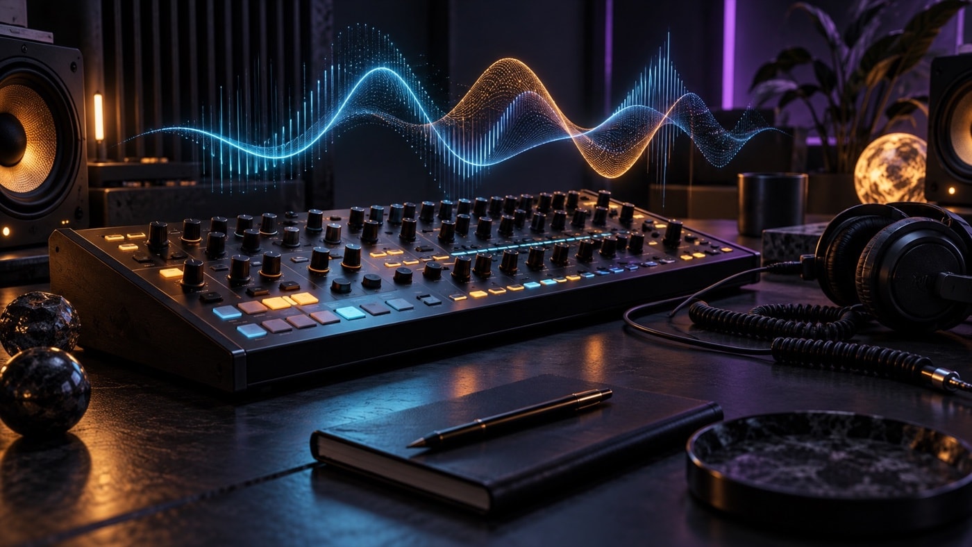 Dark abstract music workspace with illuminated controls and waveform